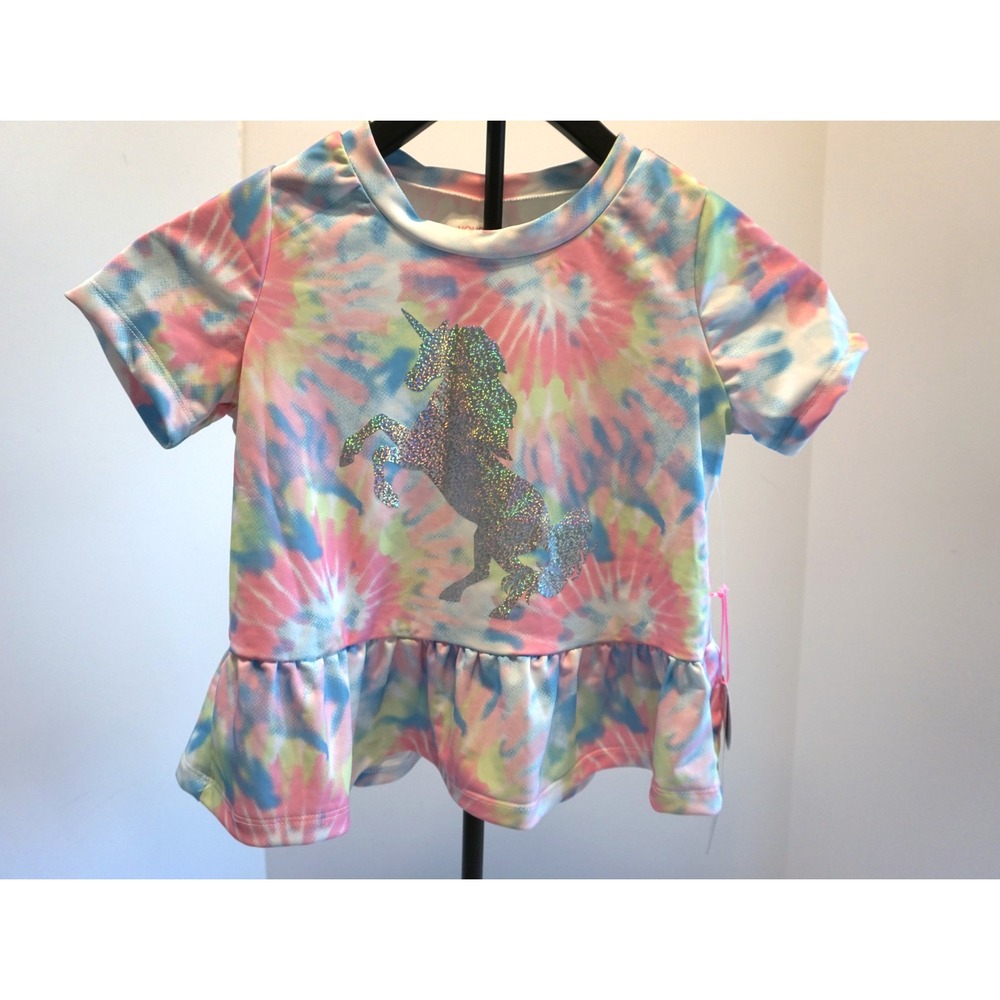 Young Hearts Girls TieDye Unicorn Peplum Swim Top Rash Guard UPF 50+ PinkBlue 10